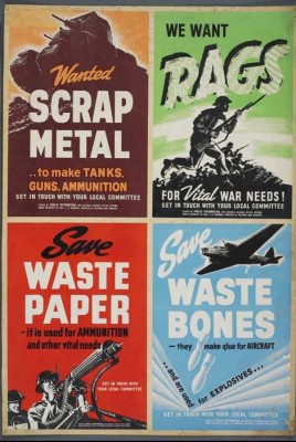 Плакаты, призывающие собирать металлолом, не выбрасывать тряпки и использованную бумагу а также кости (из костей делают клей для самолётов).jpg